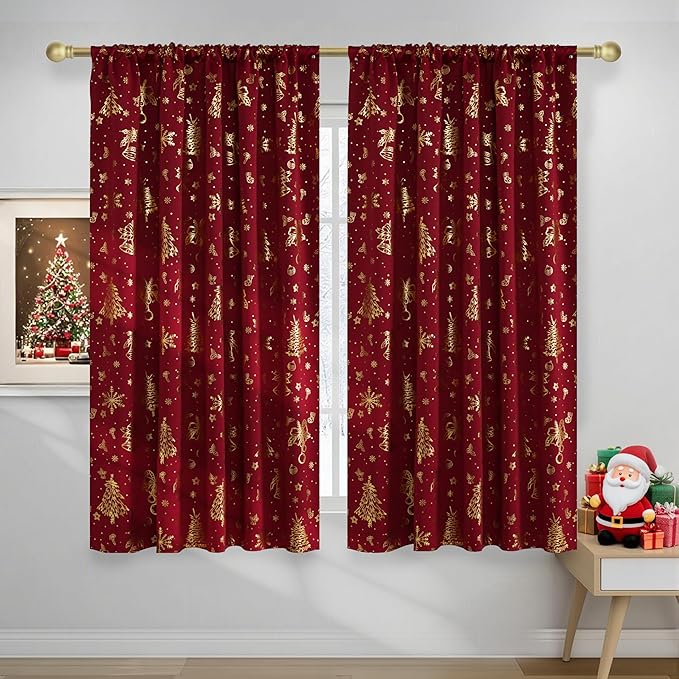 NICETOWN 2 Panels Christmas Red Curtains 52 x 63 Inch - Gold Stamped Rod Pocket Christmas Curtains for Living Room, Bedroom - Holiday Festive Window Drapes - Christmas Decoration by NICETOWN