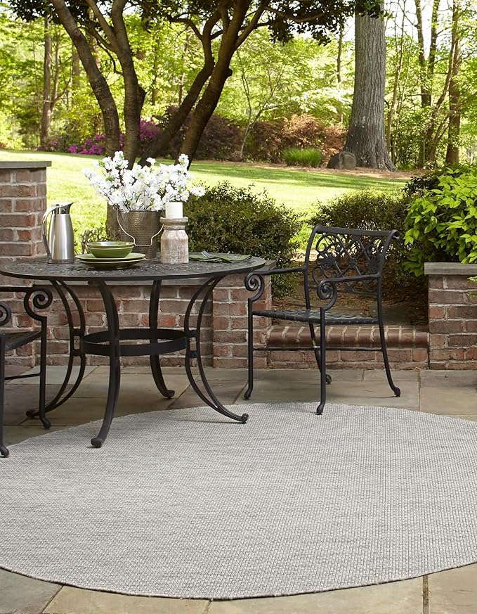 Unique Loom Collection Casual Transitional Solid Heathered Indoor/Outdoor Flatweave Area Rug (5' 1" Round, Light Gray/Ivory) - Image 3
