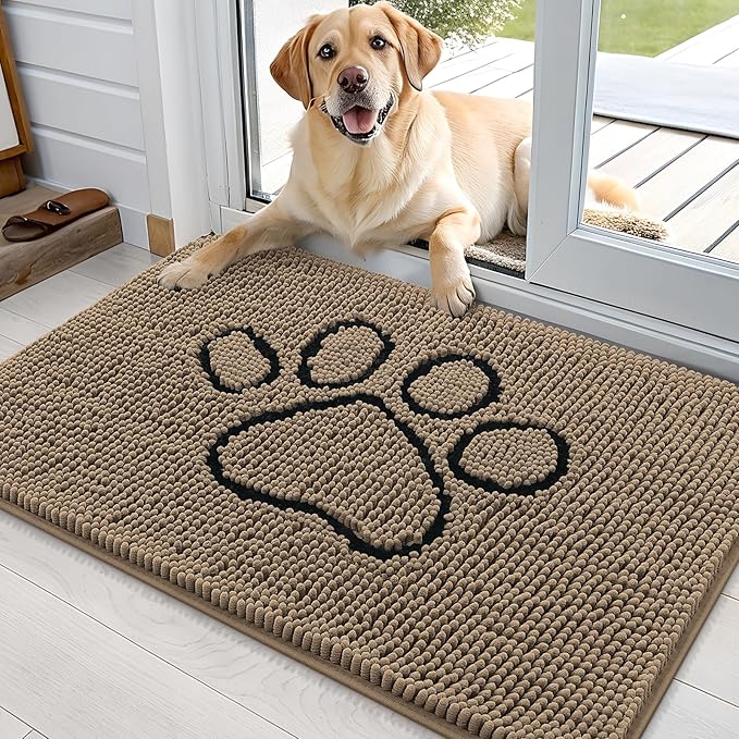 OLANLY Dog Door Mat for Muddy Paws 36x24, Paw Print Design, Absorbs Moisture and Dirt, Absorbent Non-Slip Washable Doormat, Quick Dry Chenille Mud Mat for Dogs, Entry Indoor Entryway Carpet, Tan by OLANLY