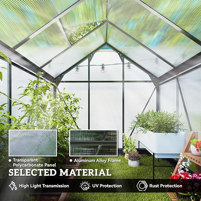 Outsunny 6' x 6' Greenhouse for Outdoors, Polycarbonate Greenhouse with Rain Gutter and Roof Vent, Aluminum Walk-in Green Houses for Outside for Patio Backyard Garden, Gray - Image 4