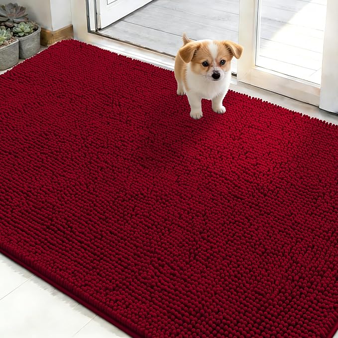 OLANLY Dog Door Mat for Muddy Paws 48x30, Absorbs Moisture and Dirt, Absorbent Non-Slip Washable Doormat, Quick Dry Chenille Mud Mat for Dogs, Entry Indoor Entryway Carpet for Inside Floor, Red by OLANLY