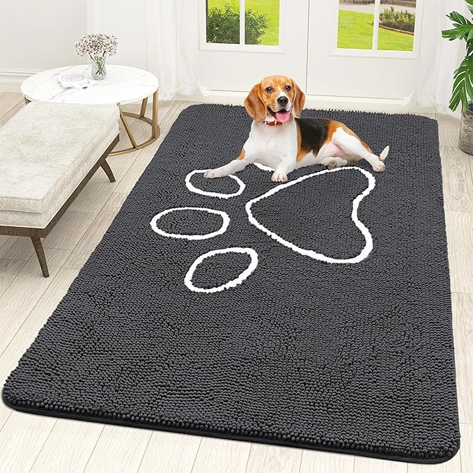 OLANLY Dog Door Mat for Muddy Paws 59x35, Paw Print Design, Absorbs Moisture and Dirt, Absorbent Non-Slip Washable Doormat, Quick Dry Chenille Mud Mat for Dogs, Entry Indoor Entryway Carpet, Dark Grey by OLANLY