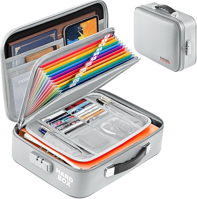 SMARTAKE Fireproof Document Box with Lock, Hard Case Waterproof Safe Box File Organizer, for Important Documents Papers Passports Certificates Laptop Money Safe Storage, Silver (15x11.5x5.5 Inch) by SMARTAKE