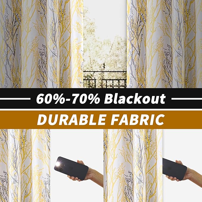 DriftAway Tree Branch Blackout Curtains Double Layer 96 Inches Long for Bedroom Printed Patterned Classic Thermal Insulated Summer Sound Lined Grommet Drapes for Living Room 2 Panels Yellow/White - Image 2