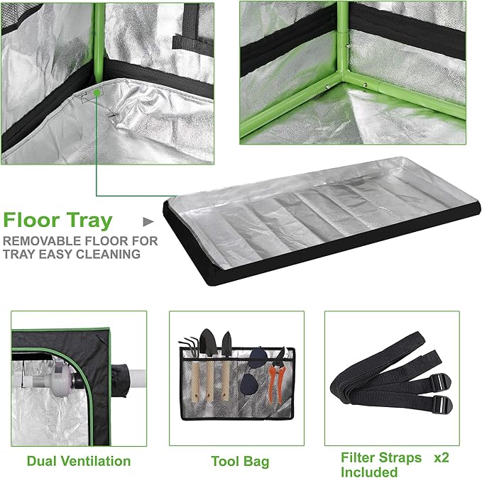 JungleA 2x4 Grow Tent, High Reflective Mylar Hydroponic Growing System, 48"x24"x60" Indoor Growing Tent Greenhouse Kit, Grow Box w/Observation Window & Floor Tray, Home Plant Fruit, Flower, Farmer Veg - Image 3
