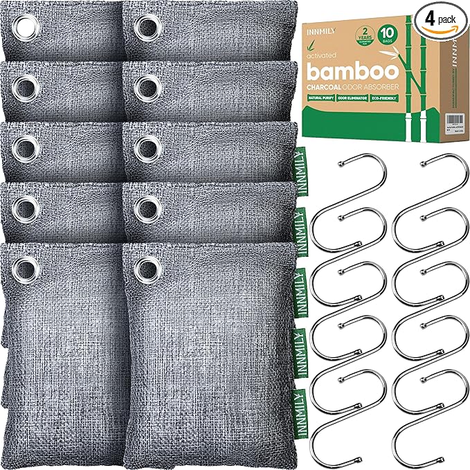 Activated Charcoal Odor Absorber, Large 10 Pack w Hooks Nature Odor Remover for Strong Odor, Bamboo Charcoal Air Purifying Bags, Odor Eliminator for Home Car Closet Pet, Smoke Deodorizer by Innmily