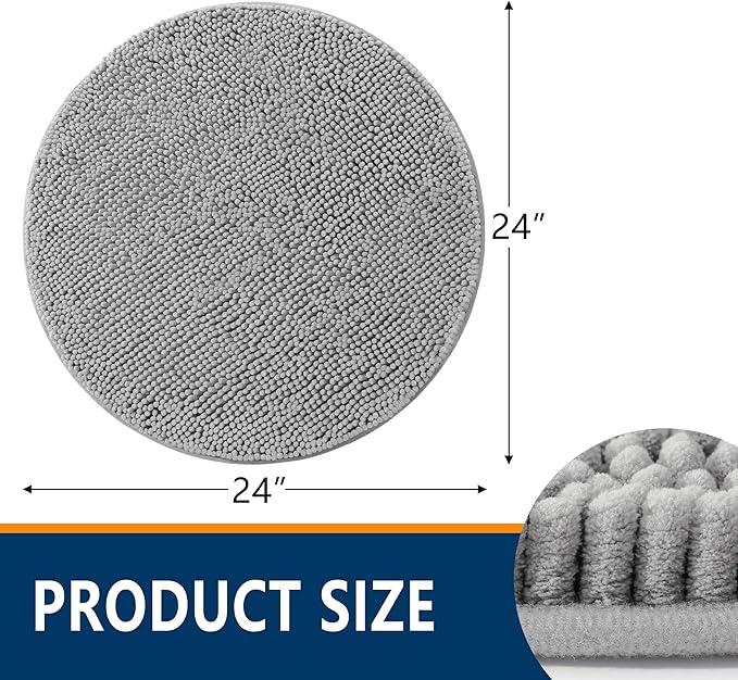 Smiry Luxury Chenille Round 24x24, Extra Soft and Absorbent Shaggy Bathroom Mat Rugs, Machine Washable, Non-Slip Plush Carpet for Tub, Shower, and Bath Room, Light Grey - Image 2