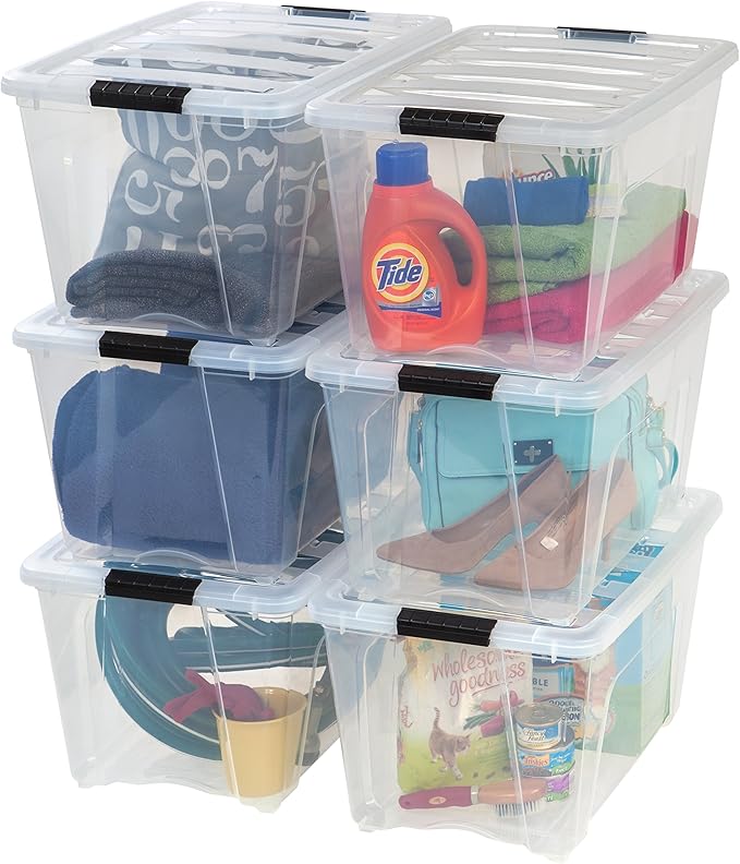 IRIS USA 54 Qt Stackable Plastic Storage Bins with Lids, 6 Pack - BPA-Free, Made in USA - See-Through Organizing Solution, Latches, Durable Nestable Containers, Secure Pull Handle - Clear by IRISUSA