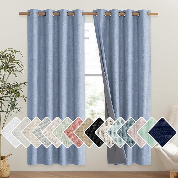 NICETOWN Stone Blue Vintage Linen 100% Blackout Curtains for Living Room, Thermal Insulated Curtains 72" Long, Noise Reducing Window Treatment Drapes for Hall Room, 52" Wide Per Panel, Set of 2 by NICETOWN