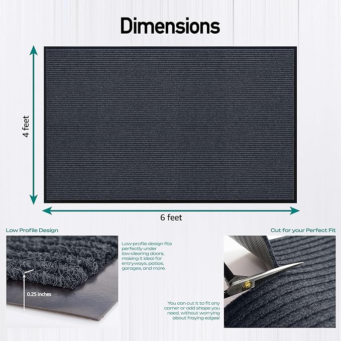 Durable Rubber Door Mat - Heavy Duty, Indoor/Outdoor, Easy Clean, Waterproof, Low-Profile Mat for Entry, Patio, Garage - Stylish (Charcoal, 6' x 4' (Mud Trapper)) - Image 2