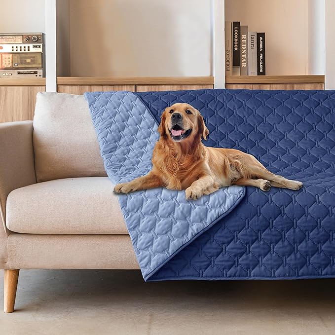 gogobunny 100% Double Sided Waterproof Dog Blanket Soft Pet Bed Cover Reversible Protect Furniture Couch Sofa Car for Puppy Large Dog Cat (Dark Navy/Light Navy, 82x102 Inch (Pack of 1)) by gogobunny