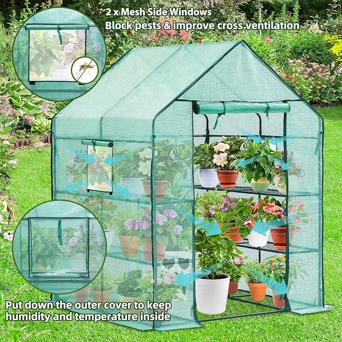 Ohuhu Greenhouse for Outdoors with Screen Windows, 57 x 57 x 76'' Walk in Plant Greenhouses Heavy Duty with Durable PE Cover, 3 Tiers 12 Shelves Stands Plastic Portable Green House with Shelf Clips - Image 2