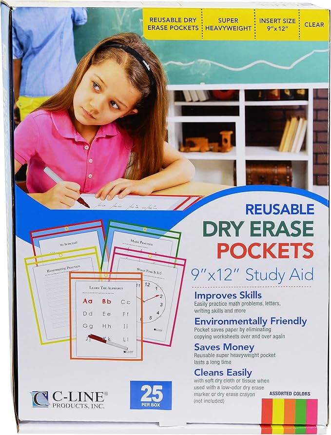 C-Line Reusable Dry Erase Pockets, 9 x 12 Inches, Assorted Neon Colors, 25 Pockets per Pack (40820) - Image 3