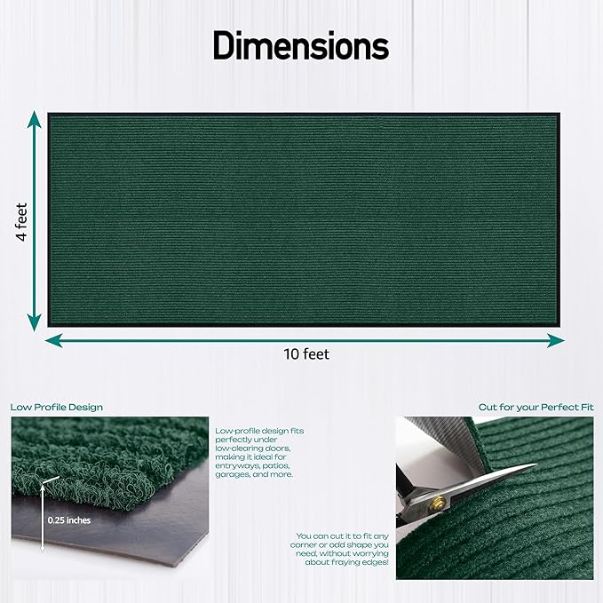 Durable Rubber Door Mat - Heavy Duty, Indoor/Outdoor, Easy Clean, Waterproof, Low-Profile Mat for Entry, Patio, Garage - Stylish (Green, 10' x 4' (Mud Trapper)) - Image 2