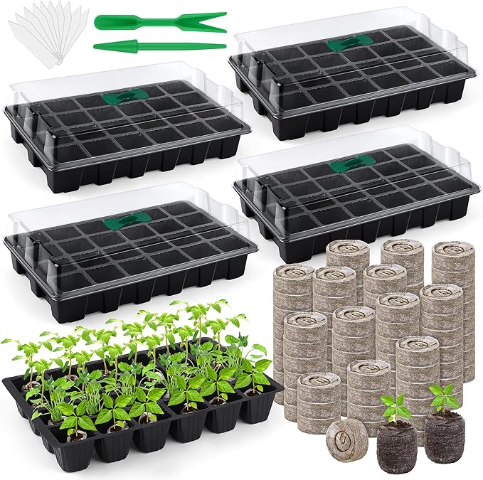 4 Pack 24-Cells Seed Starter Tray Kit Germination Tray with Humidity Dome and Base, Plant Growing Kit Germination Starter Including Peat Pellets, Plant Labels, Tool for Indoor Outdoor, Black by Hahood
