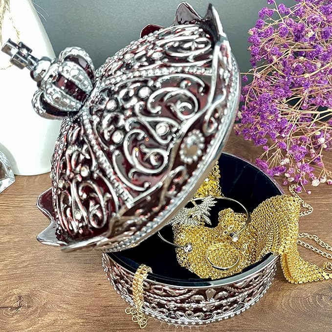 Crown Shape Jewelry Chest,Yurt Style Vintage Metal Gem Box,Round Alloy Retro Patterned Storage Case (Chrome Red, XL) - Image 3