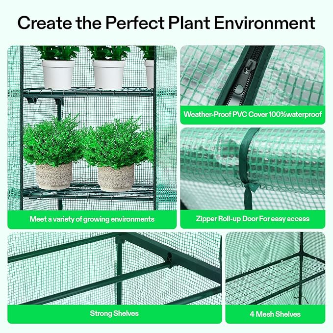 VIVOSUN Mini 4-Tier Greenhouse with Wheels, 27 x 19 x 63-Inch Reusable Portable Warm House with Green PE Cover and Shelf for Compact Garden and Small Backyards, with Wheels - Image 4