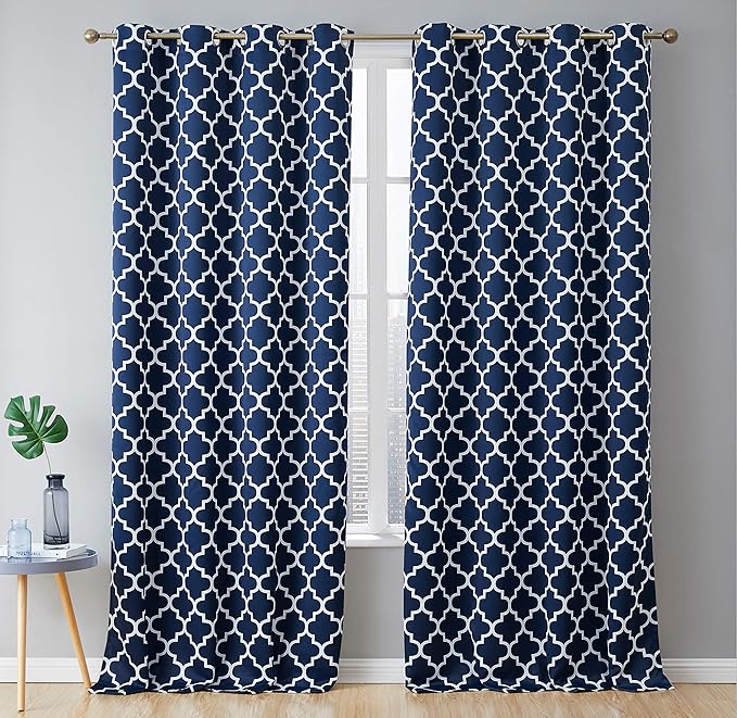 HLC.ME Lattice Print Decorative Blue Blackout Curtains 96 Inch Long - Thermal Insulated Privacy Room Darkening Window Grommet Drapes Modern Curtains for Master Bedroom - Navy Blue - 52 W x 96 L by HomeLinenCollections