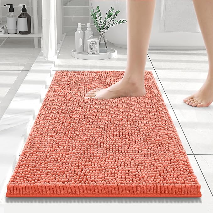 Smiry Luxury Chenille Bathroom Rugs 24x16, Extra Soft and Absorbent Shaggy Bath Mat, Machine Washable, Non-Slip Plush Carpet Runner for Tub, Shower, and Floor, Home Decor Accessories, Coral by Smiry