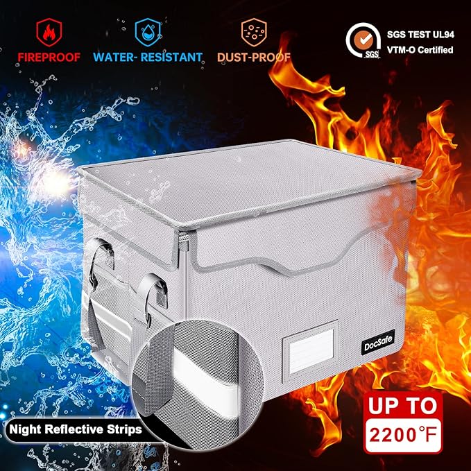 DocSafe Fireproof Document Box with Lock,File Storage Organizer with Pockets,Collapsible Portable File Box Home Office Safe Filing Cabinet with Handle for Hanging Letter/Legal Folders,Silver,2 Pack - Image 2