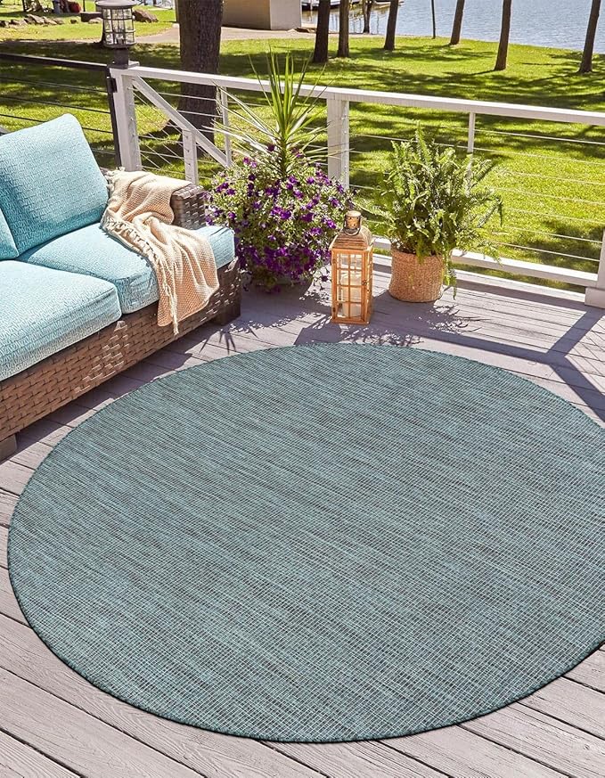 Unique Loom Outdoor Solid Collection Area Rug (7' 10" Round Teal/Navy Blue) by UniqueLoom