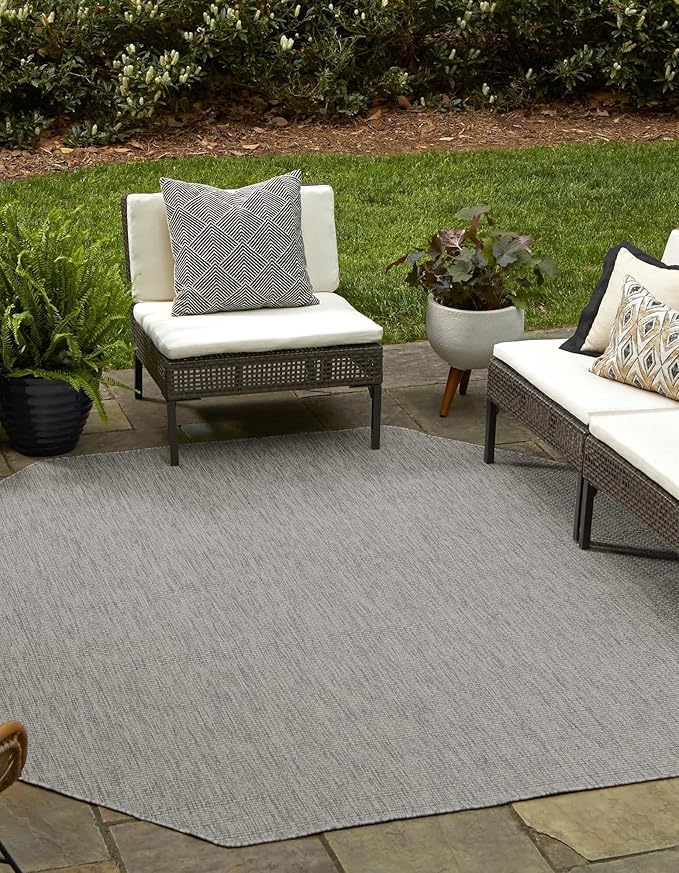 Unique Loom Collection Casual Transitional Solid Heathered Indoor/Outdoor Flatweave Area Rug (5' 1" Octagon, Light Gray/Ivory) by UniqueLoom