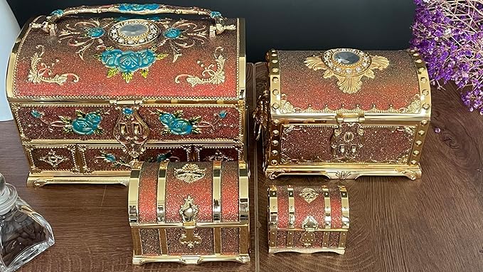 Retro Jewelry Box Arched Vintage Rectangular Metal Chest Necklace Ring Earrings Storage Case for Women Girls (Golden Starlight Red, L Lock) - Image 5
