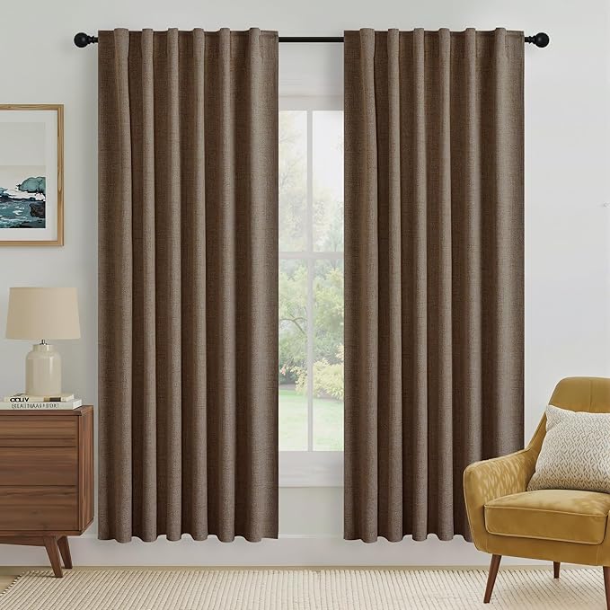 RYB HOME Coffee 100% Blackout Linen Curtains 72 inch Long, Thermal Insulated & Privacy Assurd Drapes for Bedroom/Office/Nursery, Rod Pocket & Back Tab Window Treatment, W52 X L72, 2 Panels by RYBHOME