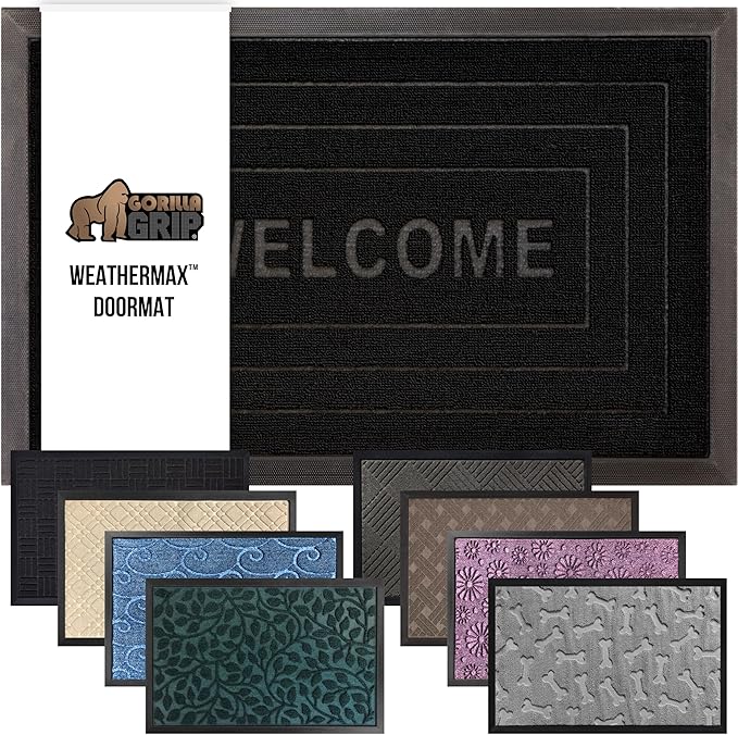 GORILLA GRIP 100% Waterproof All-Season WeatherMax Doormat, 47x35, US Designed Natural Rubber, Stain and Fade Resistant, Low Profile Indoor Outdoor Door Mats, Easy Clean Patio Mat, Black Welcome by GorillaGrip