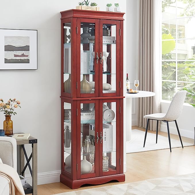 Lighted Glass Curio Cabinet with Lights & Adjustable Shelves,Curio Display Cabinet with Wood Frame,Corner Cabinet for Kitchen,Living Room,Office by Unknown