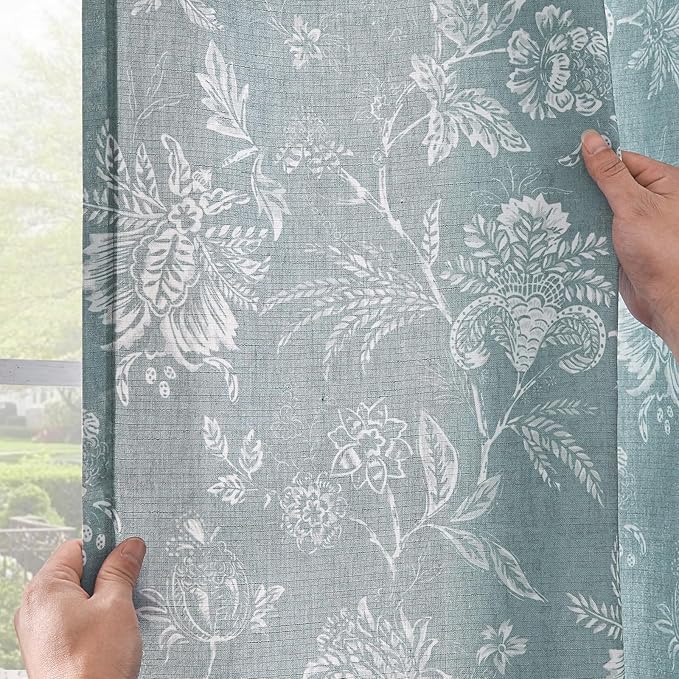 jinchan Linen Floral Curtains for Living Room, 96 Inch Length Curtains with Printed Flower Light Filtering Curtain, Rod Pocket Back Tab Blue Window Treatment Set Bedroom Curtain, 2 Panels Blue - Image 7