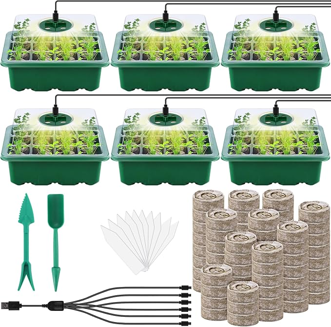 6 Pack Seed Starter Tray Kit with Grow Light and Humidity Dome Germination Trays, 72 Peat Pellets, Plant Labels, Gardening Tools, Green, Modern Style, 7.3 x 5.7 x 4.5 inches by Hahood