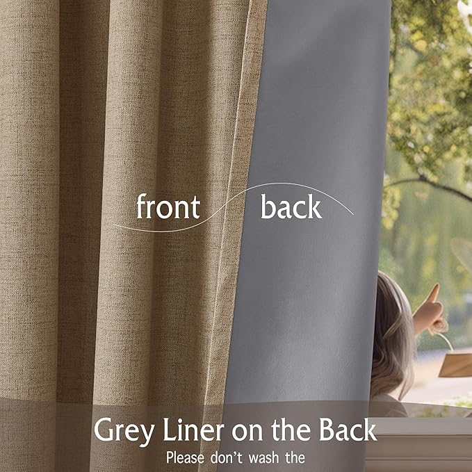 RYB HOME Linen Textured 100% Blackout Curtains for Bedroom, Insulating Energy Saving Window Curtains for Living Room Dining Patio Sliding Glass Door, Wide 52 x Long 96 inch, Burlap, 2 Panels - Image 5
