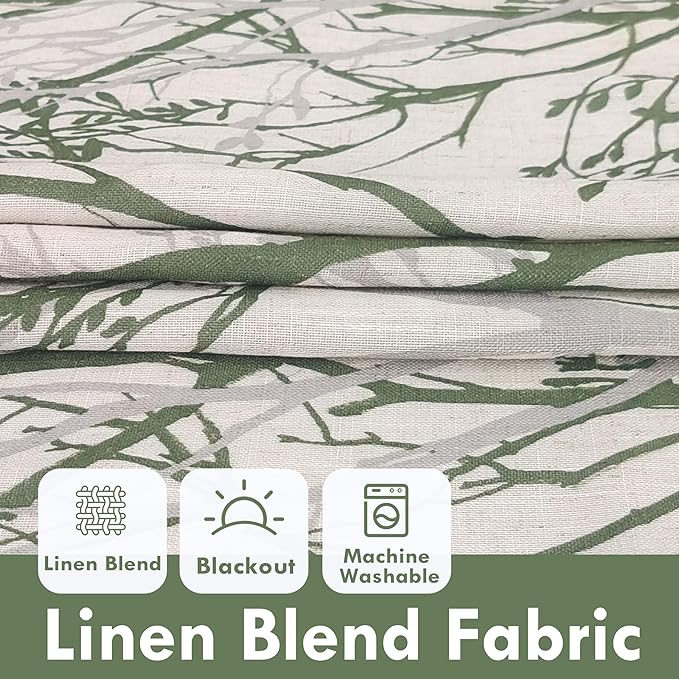 DriftAway Linen Printed Blackout Curtains Tree Branch Pattern Double Layer 84 Inches Long for Bedroom Thermal Insulated Summer Sound Lined Grommet Drapes for Living Room 2 Panels Loden Green/Linen - Image 3