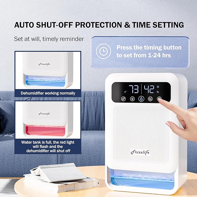 Frizzlife DH80 Air Dehumidifier, 135oz Water Tank W/Purifying Function, Quiet Small Dehumidifiers With Sleep Mode For Home, Bedroom, Bathroom, Basement W/Auto Shut Off, 7 Colors LED Light, White - Image 6
