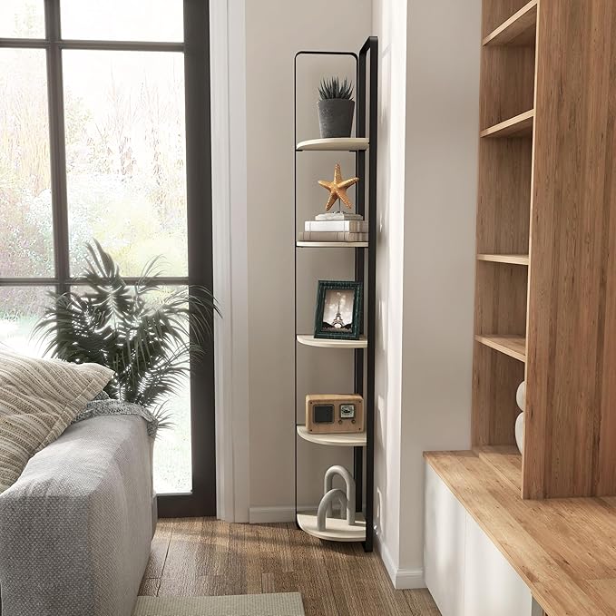Furniture of America Leif Modern 5 Shelf Bookcase, Two-Tone Corner Bookshelf with Storage Space and Flat Metal Legs for Living Room, Bedroom, Office, Cream & Black - Image 2