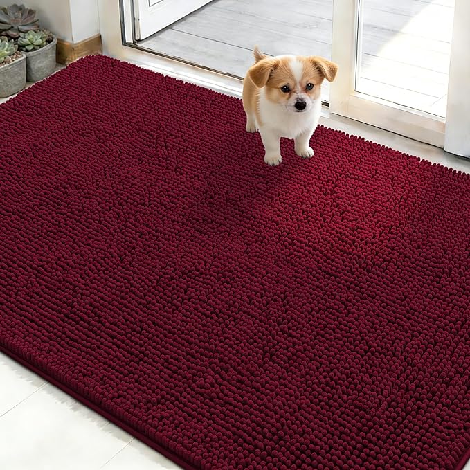 OLANLY Dog Door Mat for Muddy Paws 48x30, Absorbs Moisture and Dirt, Absorbent Non-Slip Washable Doormat, Quick Dry Chenille Mud Mat for Dogs, Entry Indoor Entryway Carpet for Inside Floor, Burgundy by OLANLY