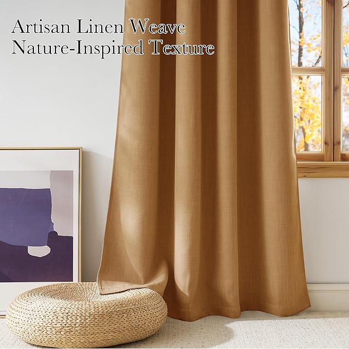 NICETOWN Gold Brown Faux Linen Room Darkening Rod Pocket Curtains 63 inch Length, W42 x L63, Light Blocking Thermal Insulated Noise Reducing Drapes for Bedroom Living Room Farmhouse Decor, 2 Panels - Image 3