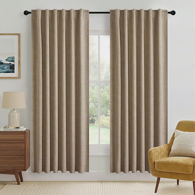 RYB HOME Burlap 100% Blackout Linen Curtains 72 inch Long, Thermal Insulated & Privacy Assurd Drapes for Bedroom/Office/Nursery, Rod Pocket & Back Tab Window Treatment, W52 X L72, 2 Panels by RYBHOME