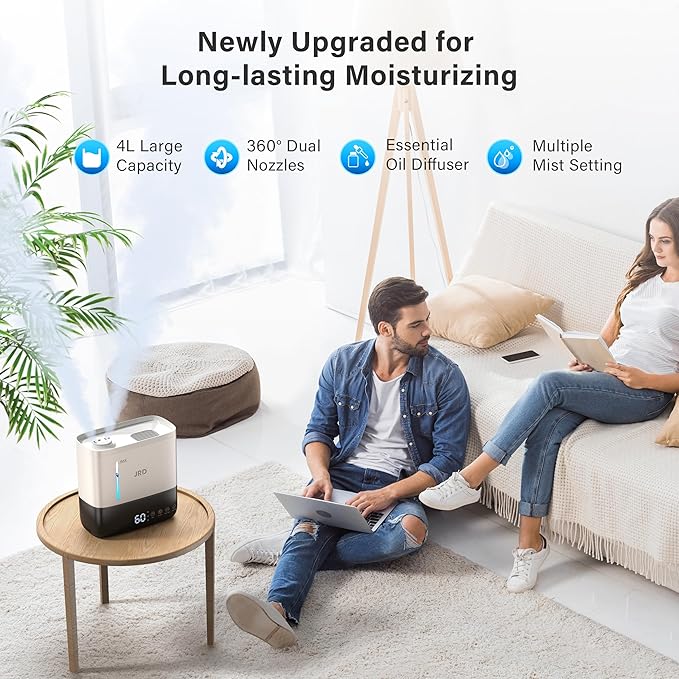 JRD Humidifiers for Bedroom, Ultrasonic Humidifier 4L for Large Room, Cool Mist Top-Fill, 40H Run, 12H Timer, 360° Nozzle, Aroma Diffuser, 7-Color Night Light for Home, Office, Baby(White) - Image 5