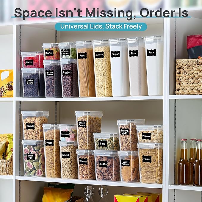 Vtopmart Airtight Food Storage Containers with Lids, 24 pcs Plastic Kitchen and Pantry Organization Canisters for Cereal, Dry Food, Flour and Sugar, BPA Free, Includes 24 Labels，Gray - Image 6