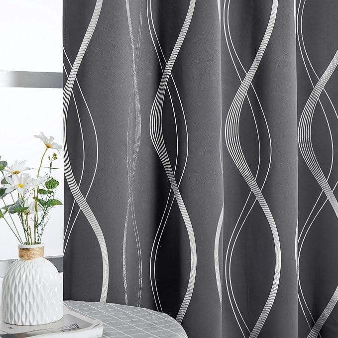 NICETOWN Extra Long Blackout Curtains for Large Window, Foil Printed Wave Lines Energy Saving Thermal Insulated Blackout Draperies for Kids Nursery Boys Bedroom (1 Pair, 52 inches by 108 inches, Grey) - Image 2