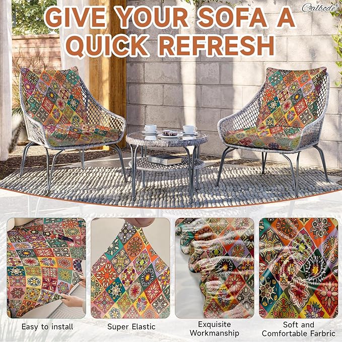 8Pcs Stretch Patio Cushion Cover, Bohemian Colored Geometric Pattern Couch Covers for Patio Furniture Cushions Washable Reusable Couch Covers Replacement for Fall Winter(Cover Only) - Image 4