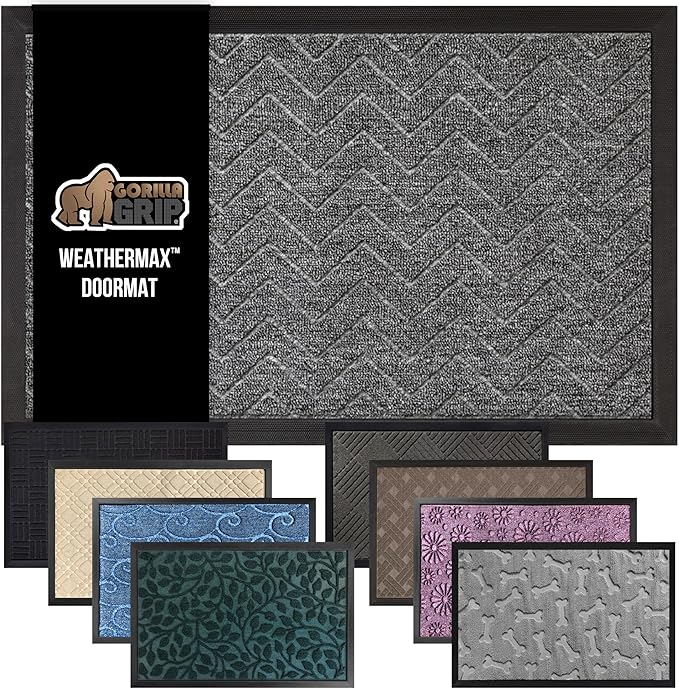 GORILLA GRIP 100% Waterproof All-Season WeatherMax Doormat 35x23, US Designed Natural Rubber, Stain and Fade Resistant, Low Profile Indoor Outdoor Door Mats, Easy Clean Patio Mat, Steel Chevron by GorillaGrip
