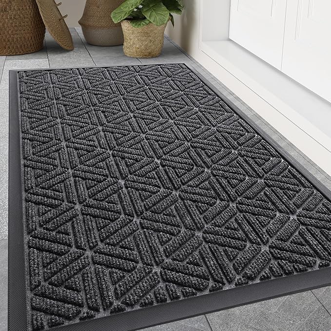 Smiry Front Door Mat Outside Entrance, Heavy Duty Sturdy Natural Rubber Doormat, Trap Dirt and Moisture, Easy Clean Low Profile Mats for Indoor Outdoor Entry, Grid Geometric (59x34, Grey) by Smiry