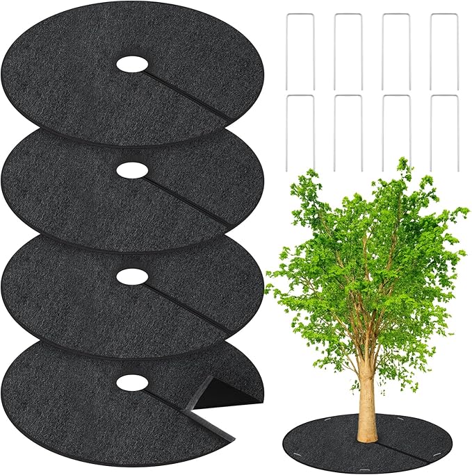 Tegeme 4 Pack 24.5 Inch Non Woven Tree Mulch Ring with Self Adhesive and 8 Ground Pins, Degradable Tree Protector Mat Reusable Weed Barrier Mat for Gardening Landscaping Weed Control Root Protection by Tegeme
