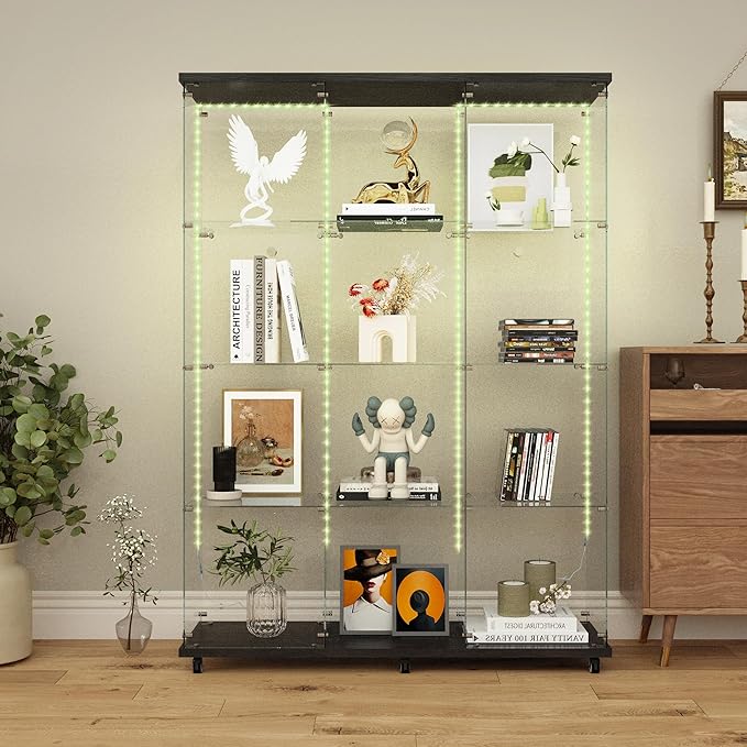 Yoluckea 4-Tier Glass Display Cabinet Extra Large with Bluetooth LED Light Strip, 2-Door Floor Standing Curio Cabinet with Universal Wheel for Home, Black Glass Bookshelf for Collections, Wood Top by Yoluckea