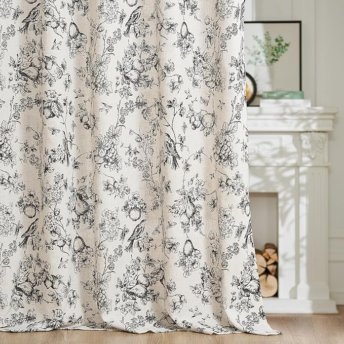 jinchan Linen Floral Curtains for Living Room 96 Inch Length Black Printed Flower Light Filtering French Country Curtain Farmhouse Cottage Core Toile Curtains Back Tab Window Drapes Set 2 Panels - Image 7