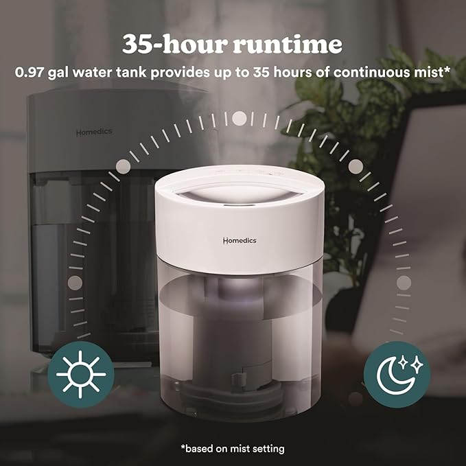 HoMedics Humidifiers for Bedroom, Home, Nursery, Office and Plants. Total Comfort UV-C Ultrasonic Humidifier, Leak Resistant Design, 0.97 Gallon Tank, 35 Hour Run Time, Quiet, Cool Mist, Night Light - Image 4