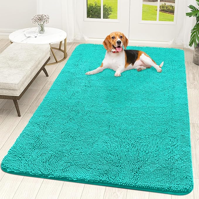 OLANLY Dog Door Mat for Muddy Paws 59x35, Absorbs Moisture and Dirt, Absorbent Non-Slip Washable Doormat, Quick Dry Chenille Mud Mat for Dogs, Entry Indoor Entryway Carpet for Inside Floor, Teal by OLANLY